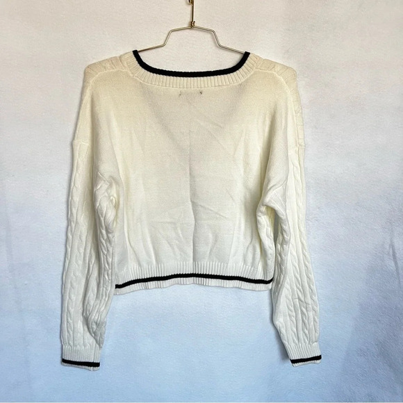 Cardigan Sweater Cable Knit Oversized Boxy Ivory Cream Cropped Ribbed Cozy - Picture 5 of 8